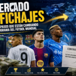 Imagen ilustrativa del mercado de fichajes en el fútbol mundial con jugadores y traspasos internacionales.