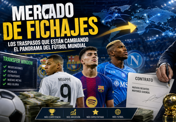 Imagen ilustrativa del mercado de fichajes en el fútbol mundial con jugadores y traspasos internacionales.