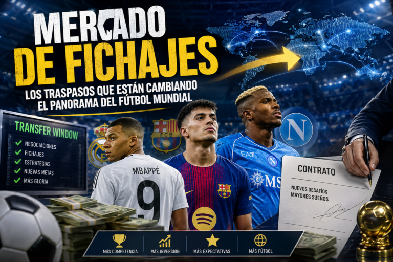 Imagen ilustrativa del mercado de fichajes en el fútbol mundial con jugadores y traspasos internacionales.