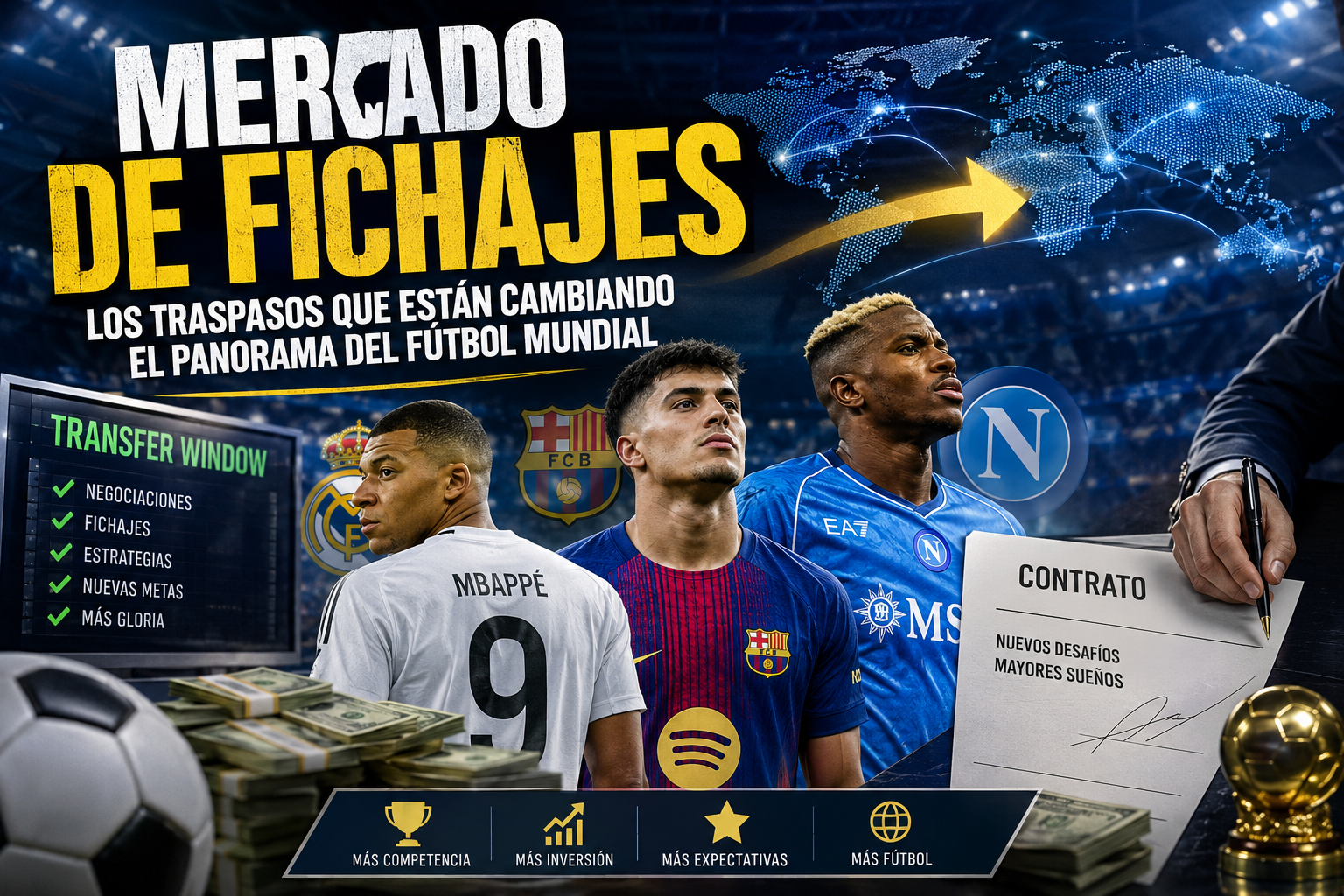 Imagen ilustrativa del mercado de fichajes en el fútbol mundial con jugadores y traspasos internacionales.