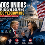 Imagen ilustrativa sobre los desafíos políticos y económicos de Estados Unidos, con símbolos del gobierno y la economía.