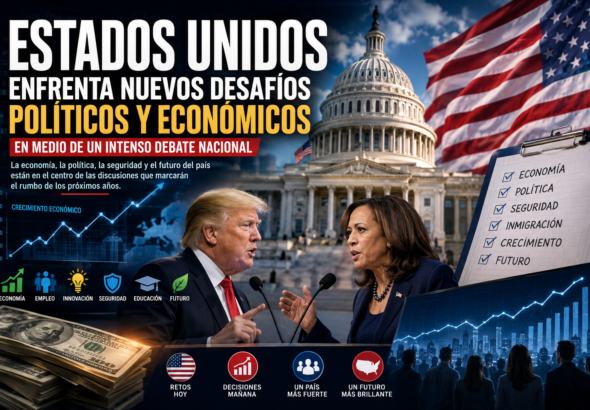 Imagen ilustrativa sobre los desafíos políticos y económicos de Estados Unidos, con símbolos del gobierno y la economía.