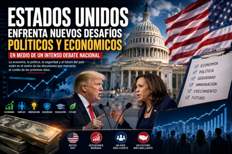 Imagen ilustrativa sobre los desafíos políticos y económicos de Estados Unidos, con símbolos del gobierno y la economía.