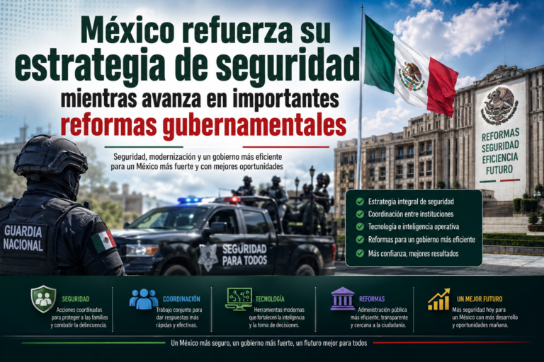 Elementos representativos de la estrategia de seguridad y las reformas gubernamentales implementadas en México para fortalecer las instituciones.