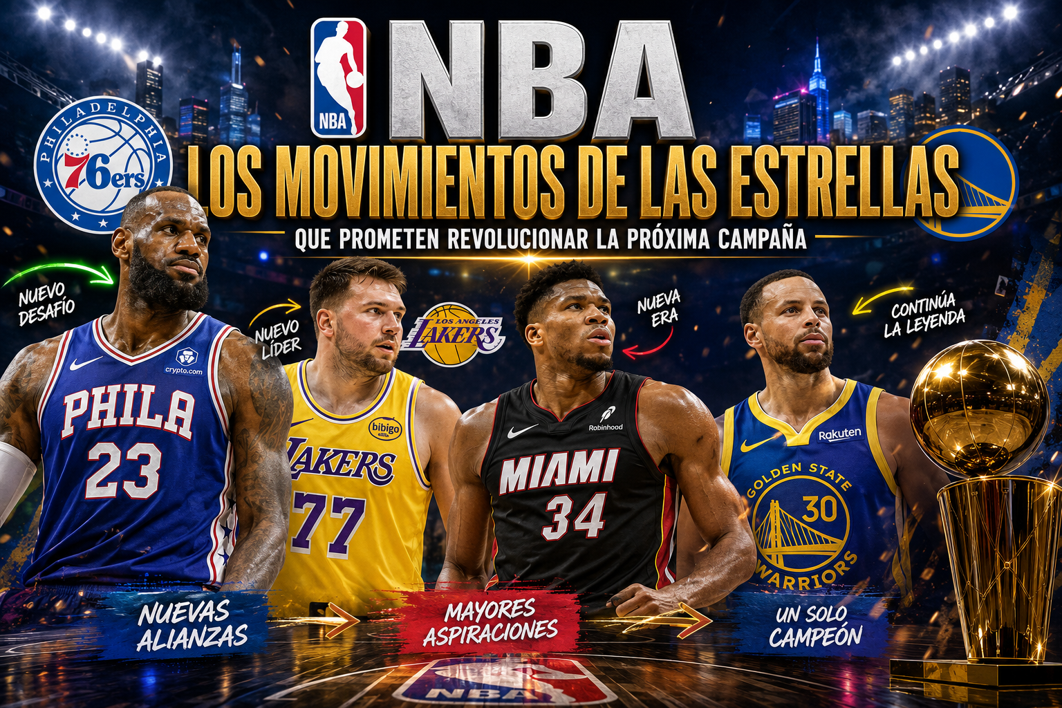 LeBron James, Luka Dončić, Giannis Antetokounmpo y Stephen Curry representan los principales movimientos de estrellas de la NBA para la temporada 2026-2027.